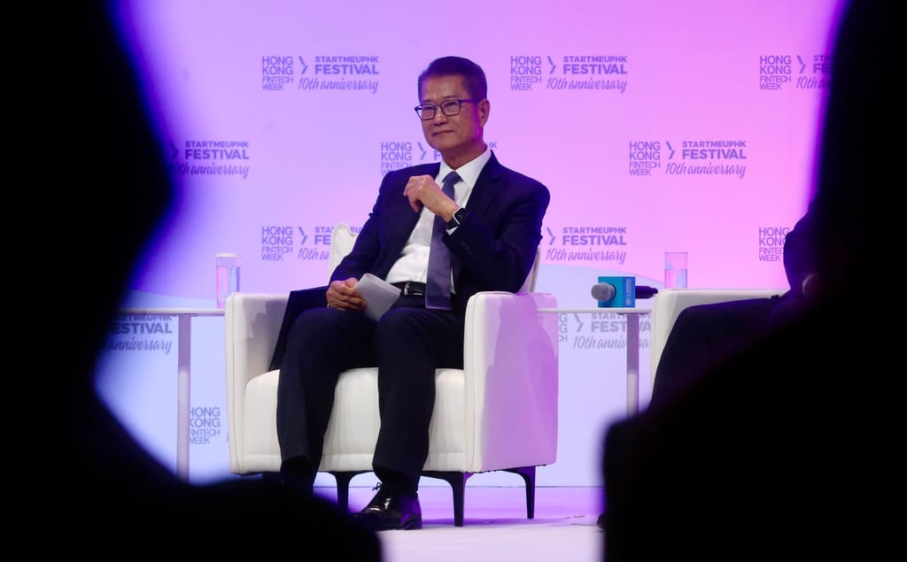 Financial Secretary Paul Chan speaks at the Hong Kong Fintech Week conference on Monday. Photo: Jonathan Wong