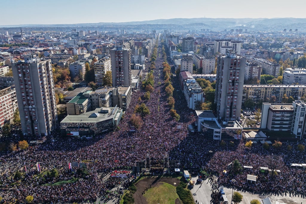 People fill the streets in Novi Sad, Serbia on Saturday, on the first anniversary of the railway station disaster that killed 16 people. Photo: AP