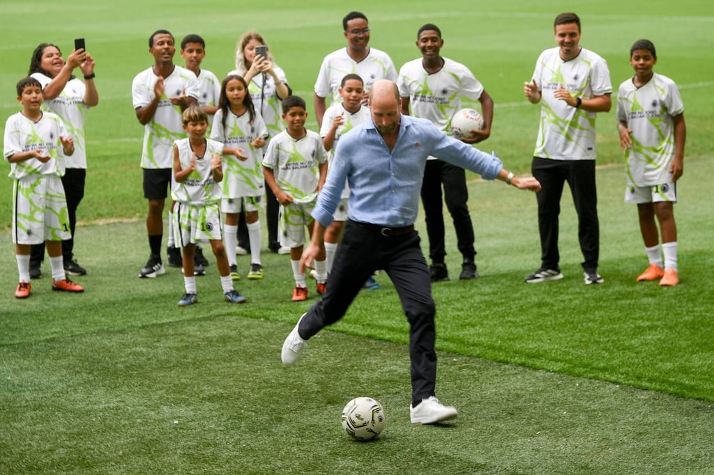 Britain’s Prince William kicks a ball at Maracana Stadium in Rio de Janeiro. Photo: AFP
