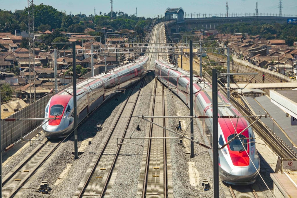 Trains pictured on the Jakarta-Bandung High Speed Railway in Padalarang, West Java. Photo: AFP