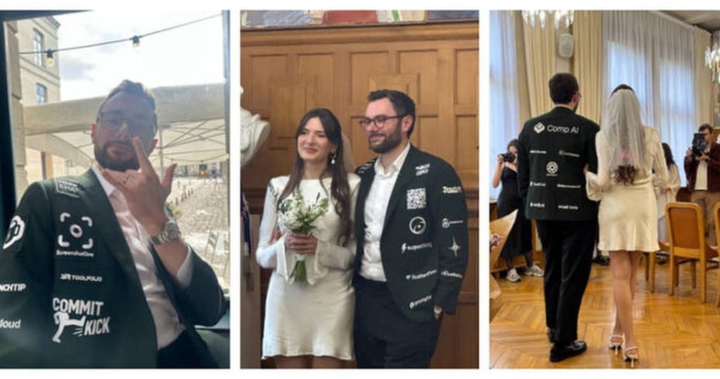 A selection of wedding day photographs show Dagobert Renouf’s sponsored wedding suit from different angles. Photo: X/dagorenouf A selection of wedding day photographs show Dagobert Renouf’s sponsored wedding suit from different angles. Photo: X/dagorenouf