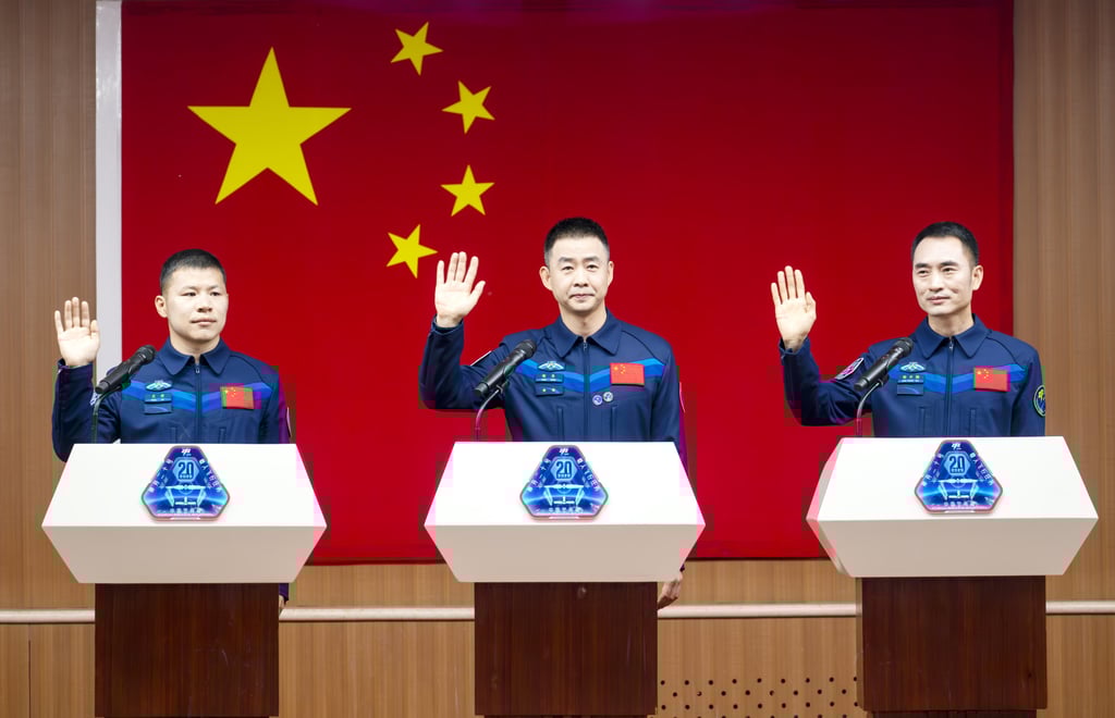 From left, Chinese astronauts Wang Jie, Chen Dong and Chen Zhongrui pictured in April ahead of the Shenzhou-20 mission. Photo: Getty Images From left, Chinese astronauts Wang Jie, Chen Dong and Chen Zhongrui pictured in April ahead of the Shenzhou-20 mission. Photo: Getty Images