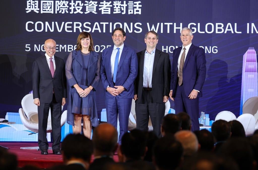 (From left) Eric Yip, executive director of Securities and Futures Commission; Jean Hynes, CEO of Wellington Management; Andrew Schlossberg, president and CEO of Invesco; Eric Stein, chief investment officer of Voya Investment Management and Hendrik du Toit, founder and CEO of Ninety One at the Global Financial Leaders’ Investment Summit on Wednesday. Photo: Edmond So (From left) Eric Yip, executive director of Securities and Futures Commission; Jean Hynes, CEO of Wellington Management; Andrew Schlossberg, president and CEO of Invesco; Eric Stein, chief investment officer of Voya Investment Management and Hendrik du Toit, founder and CEO of Ninety One at the Global Financial Leaders’ Investment Summit on Wednesday. Photo: Edmond So