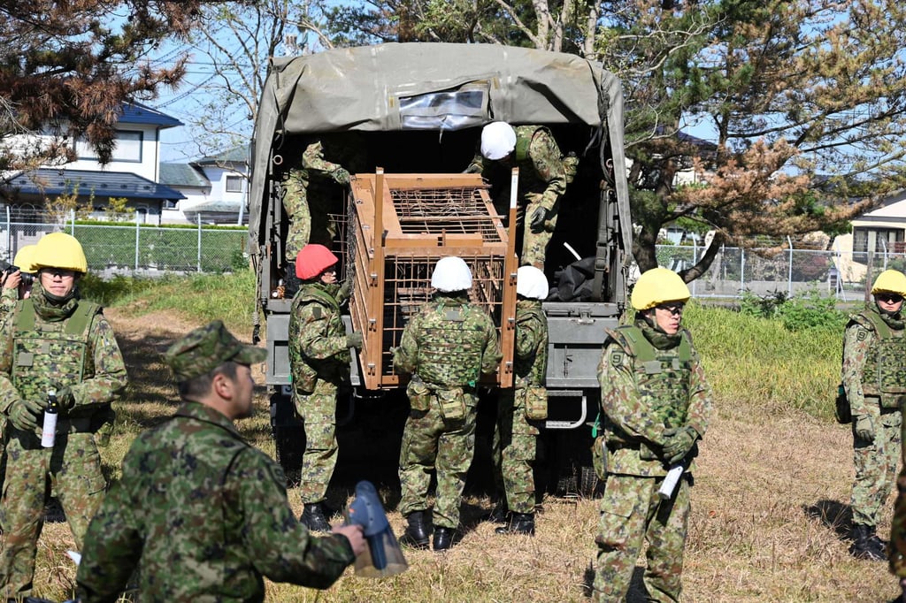 Japanese troops unload a bear cage from a military truck in Akita prefecture on Thursday. Photo: JSDF Akita Camp via AP