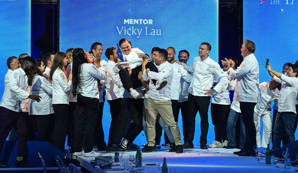 Ferguson gets carried by other chefs after being crowned the winner of the San Pellegrino Young Chef Academy Competition 2024-25. Photo: S.Pellegrino Young Chef Academy Ferguson gets carried by other chefs after being crowned the winner of the San Pellegrino Young Chef Academy Competition 2024-25. Photo: S.Pellegrino Young Chef Academy