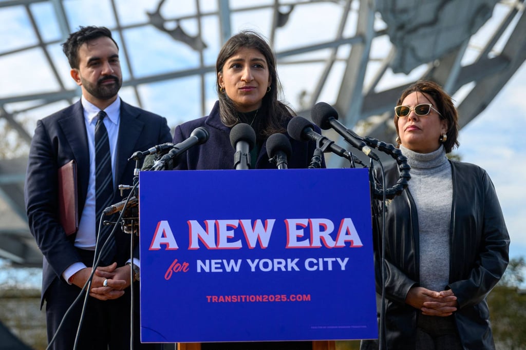 New York Mayor-Elect Zohran Mamdani’s transition co-chair Lina Khan speaks during a press conference at the Unisphere in Flushing Meadows Corona Park on Wednesday. Photo: AFP New York Mayor-Elect Zohran Mamdani’s transition co-chair Lina Khan speaks during a press conference at the Unisphere in Flushing Meadows Corona Park on Wednesday. Photo: AFP