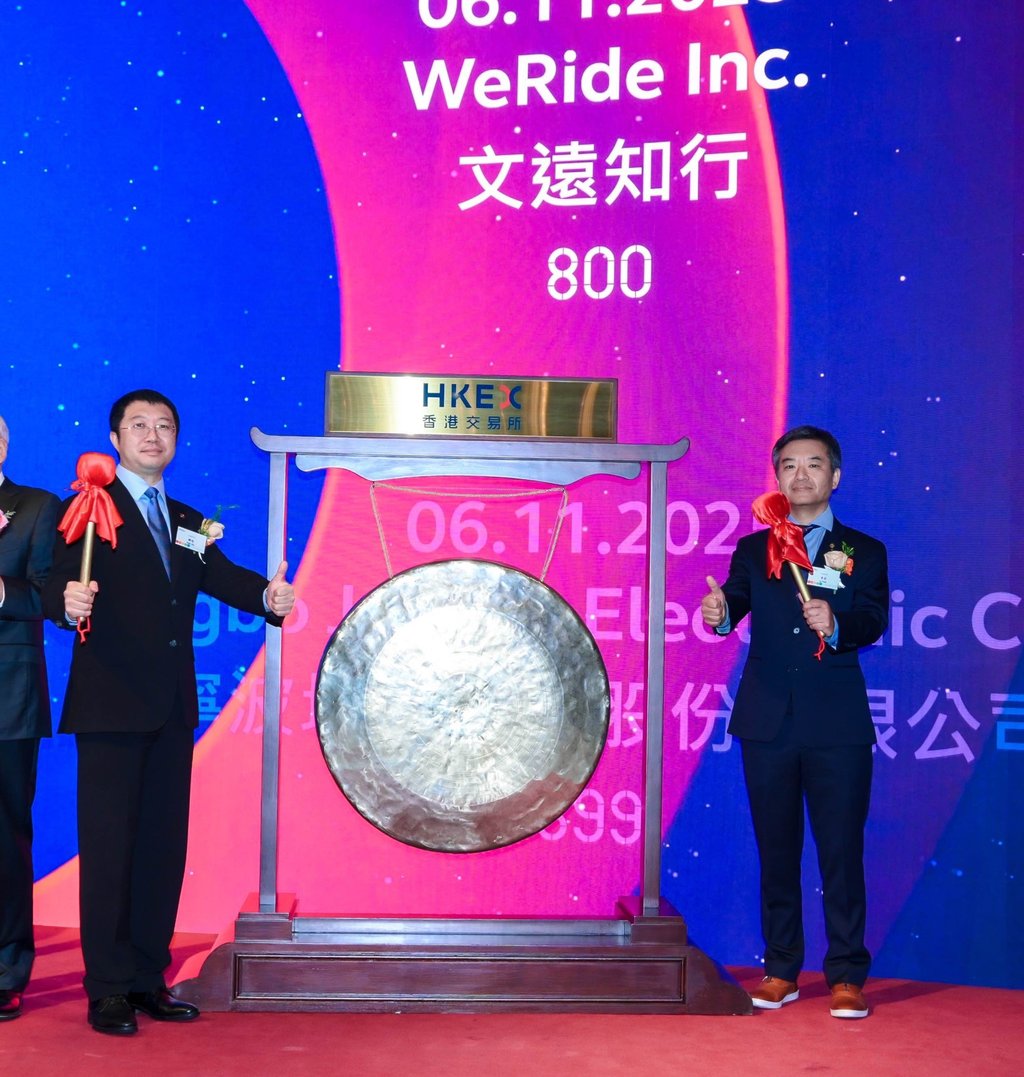 WeRide founder and CEO Tony Han (left) and chief technology officer Yan Li at the company’s listing ceremony on the Hong Kong stock exchange on Thursday. Photo: Handout WeRide founder and CEO Tony Han (left) and chief technology officer Yan Li at the company’s listing ceremony on the Hong Kong stock exchange on Thursday. Photo: Handout