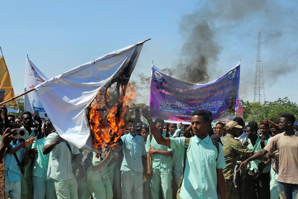 Sudanese students take part in a protest in Gedaref against RSF violence against the people of El- Fasher. Photo: AFP