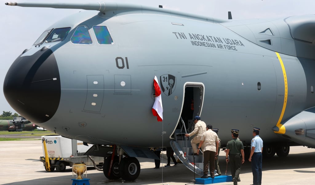 President Prabowo Subianto inspects Indonesia’s first Airbus A400M transport aircraft at a military airbase in Jakarta on Monday. Photo: EPA