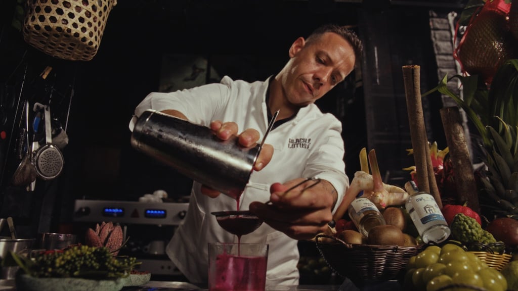 Santos’ cocktail creation, which he calls Dragon Spiced, includes juice from red dragonfruit to visually convey the vibrancy of Macau. Santos’ cocktail creation, which he calls Dragon Spiced, includes juice from red dragonfruit to visually convey the vibrancy of Macau.