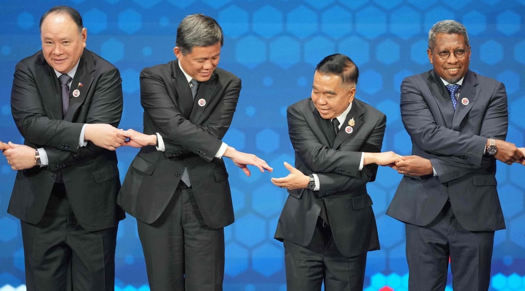 Philippine’s Gilberto Teodoro (left) and East Timor’s Donaciano da Costa Gomes (right) pose for a group photo at the Asean Defence Ministers Meeting on October 31. Photo: AFP Philippine’s Gilberto Teodoro (left) and East Timor’s Donaciano da Costa Gomes (right) pose for a group photo at the Asean Defence Ministers Meeting on October 31. Photo: AFP