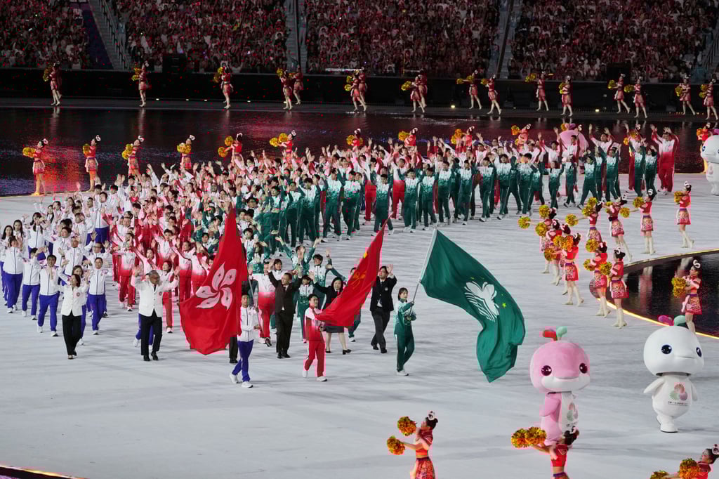 The Guangdong, Hong Kong and Macau join the parade during the opening ceremony. Photo: Elson Li The Guangdong, Hong Kong and Macau join the parade during the opening ceremony. Photo: Elson Li