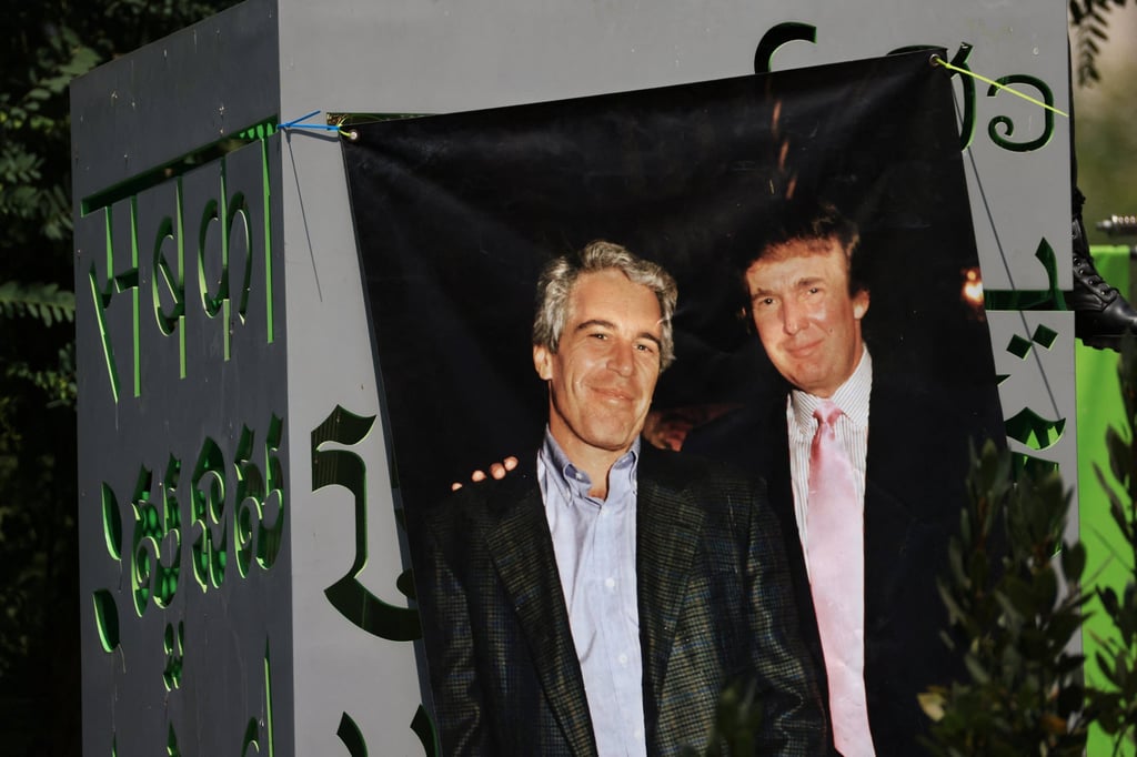 A banner of Jeffrey Epstein and US President Donald Trump hangs in Grand Park during a protest against federal migration enforcement in downtown Los Angeles, California, in August. Photo: Reuters