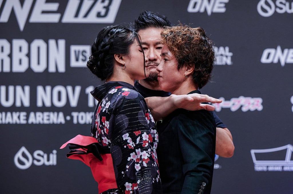 Stamp Fairtex (left) and Kana Morimoto at their pre-fight press conference in September. Photo: ONE Championship. Stamp Fairtex (left) and Kana Morimoto at their pre-fight press conference in September. Photo: ONE Championship.