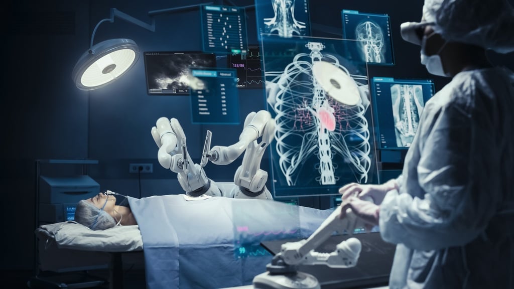 A surgeon using AR headsets and high-precision remote-controlled robot arms to operate on a patient. Photo: Shutterstock