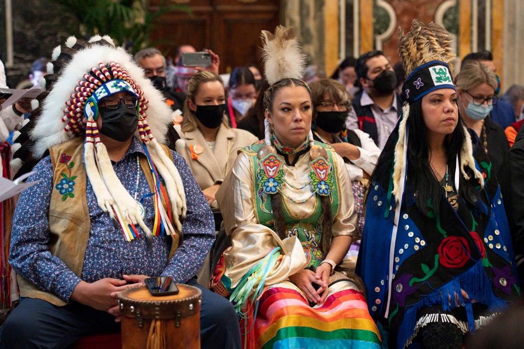 Members of a delegation of the indigenous peoples of Canada attending an audience with Pope Francis in Vatican City on April 1, 2022. Pope Francis apologised to representatives of Canadian indigenous peoples for the suffering they endured in Canada’s Catholic residential schools. Photo: EPA-EFE/Vatican Media Members of a delegation of the indigenous peoples of Canada attending an audience with Pope Francis in Vatican City on April 1, 2022. Pope Francis apologised to representatives of Canadian indigenous peoples for the suffering they endured in Canada’s Catholic residential schools. Photo: EPA-EFE/Vatican Media