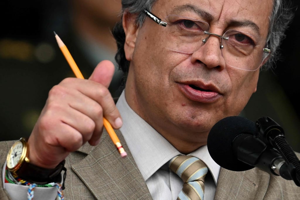 Colombia’s President Gustavo Petro speaks at the General Santander Police Academy in Bogota on Thursday. Photo: AFP