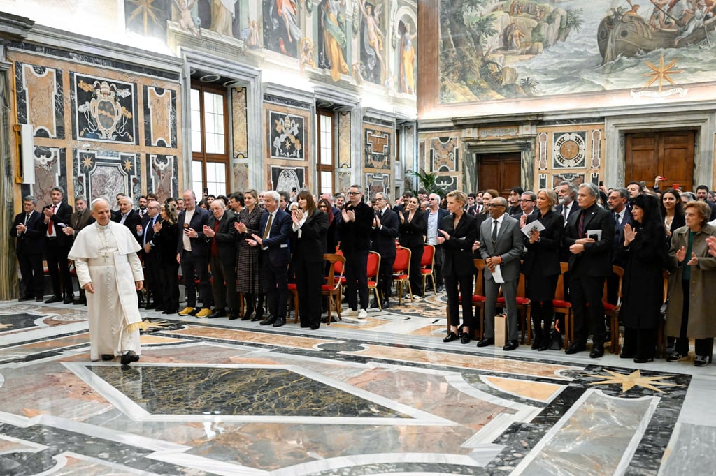 Pope Leo arrives to meet international filmmakers and actors in the Sala Clementina at the Vatican on Saturday. Photo: Vatican Media via Reuters Pope Leo arrives to meet international filmmakers and actors in the Sala Clementina at the Vatican on Saturday. Photo: Vatican Media via Reuters