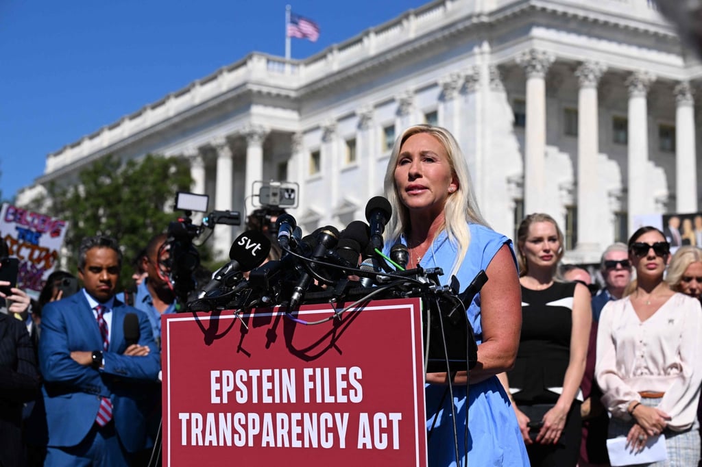 US congresswoman Marjorie Taylor Greene speaks during a press conference and rally in support of the victims of sex offender Jeffrey Epstein in Washington in September. Photo: AFP US congresswoman Marjorie Taylor Greene speaks during a press conference and rally in support of the victims of sex offender Jeffrey Epstein in Washington in September. Photo: AFP