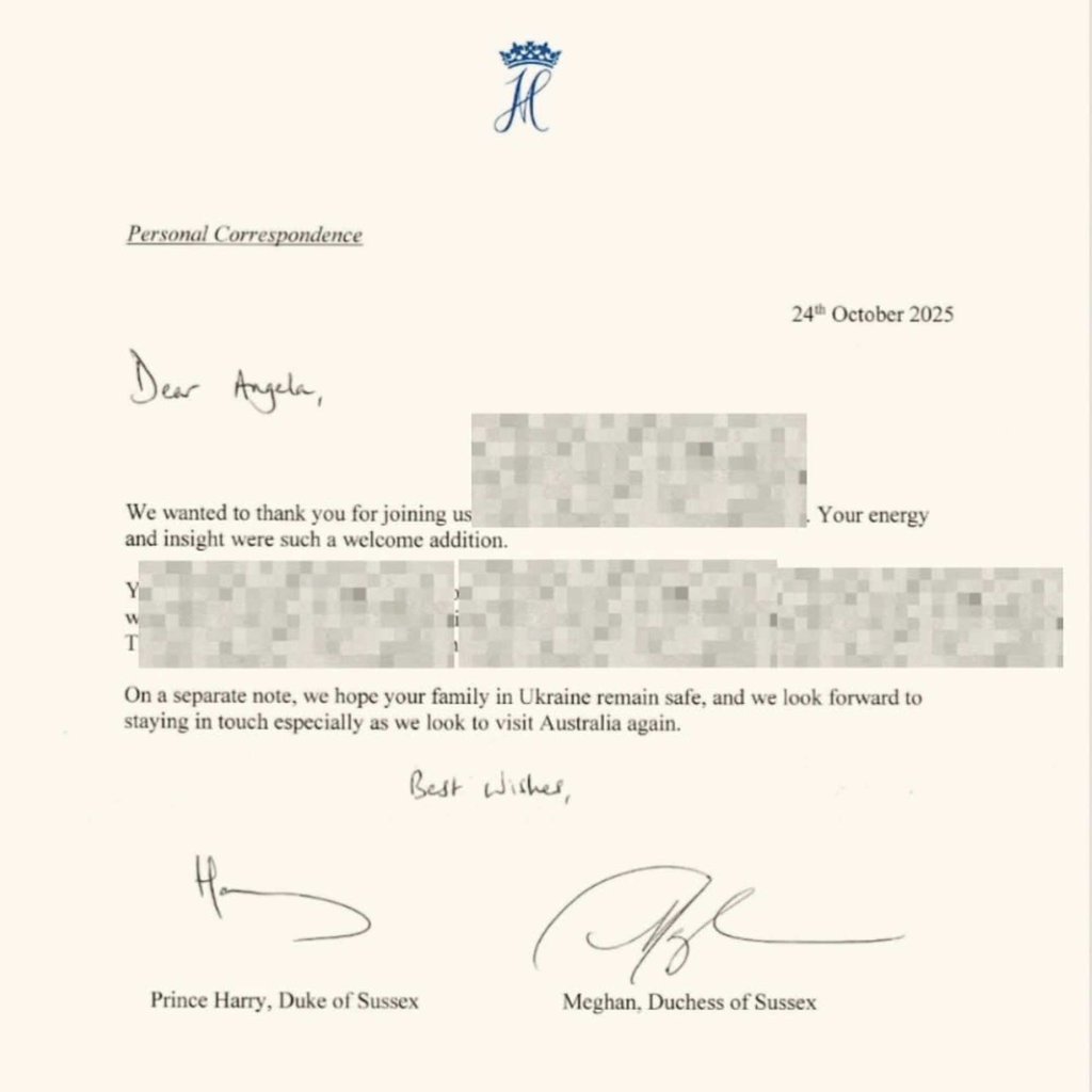 The letter from the Sussexes, shared by Angela Pearl. Photo: @angelapearlastrology/Instagram The letter from the Sussexes, shared by Angela Pearl. Photo: @angelapearlastrology/Instagram