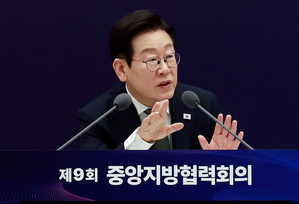 South Korean President Lee Jae-myung speaks during a meeting at the presidential office on Wednesday. Photo: EPA/Yonhap South Korean President Lee Jae-myung speaks during a meeting at the presidential office on Wednesday. Photo: EPA/Yonhap