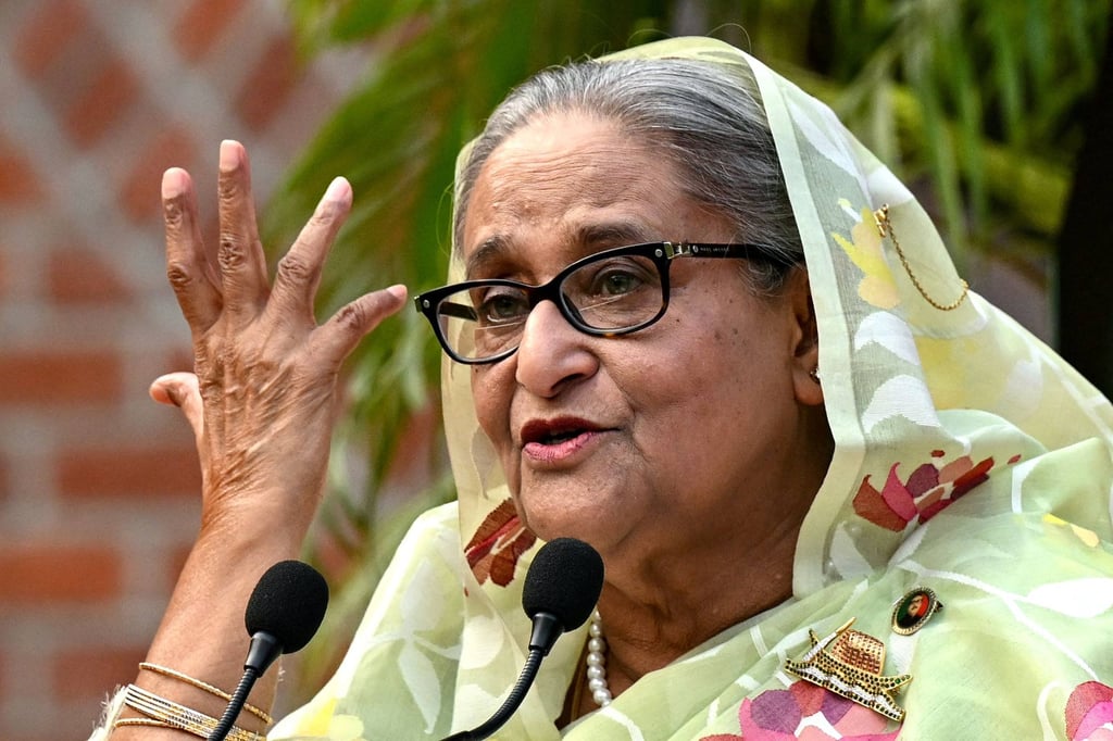 Sheikh Hasina gestures while speaking to the media, a day after she won the 12th parliamentary elections, in Dhaka, Bangladesh in January 2024. Photo: AFP Sheikh Hasina gestures while speaking to the media, a day after she won the 12th parliamentary elections, in Dhaka, Bangladesh in January 2024. Photo: AFP