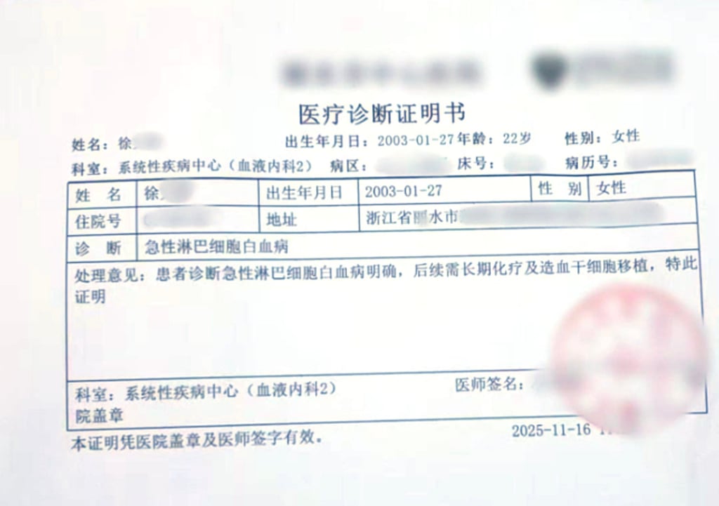 A slip detailing the medical treatment Xu is receiving. She is seeking to raise US$70,000 in public donations to pay her medical bills. Photo: RedNote