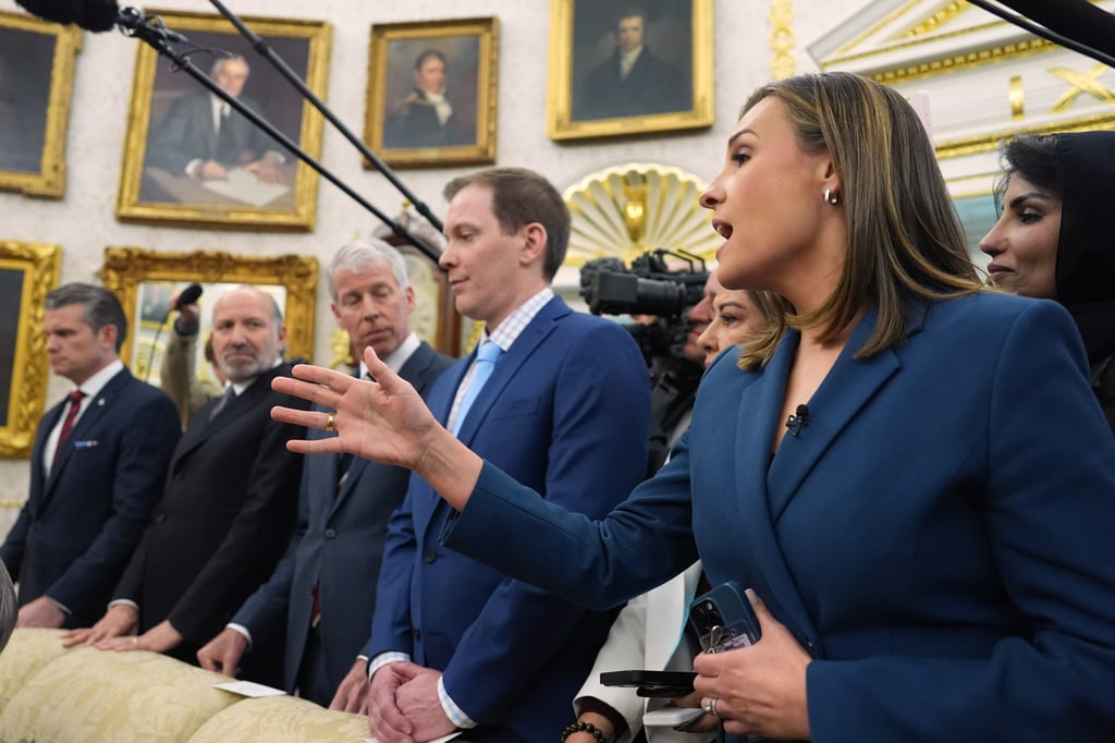 ABC News reporter Mary Bruce asks a question as President Donald Trump meets Saudi Arabia’s Crown Prince Mohammed bin Salman in the Oval Office. Photo: AP