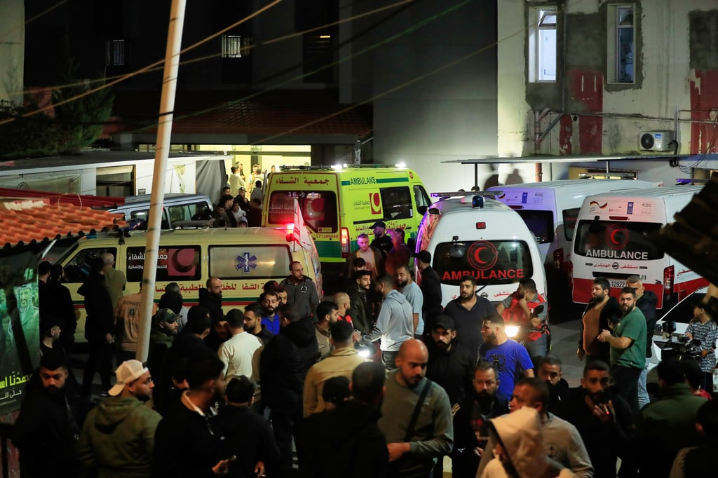 Ambulances outside a hospital where victims were transported. Photo: AP