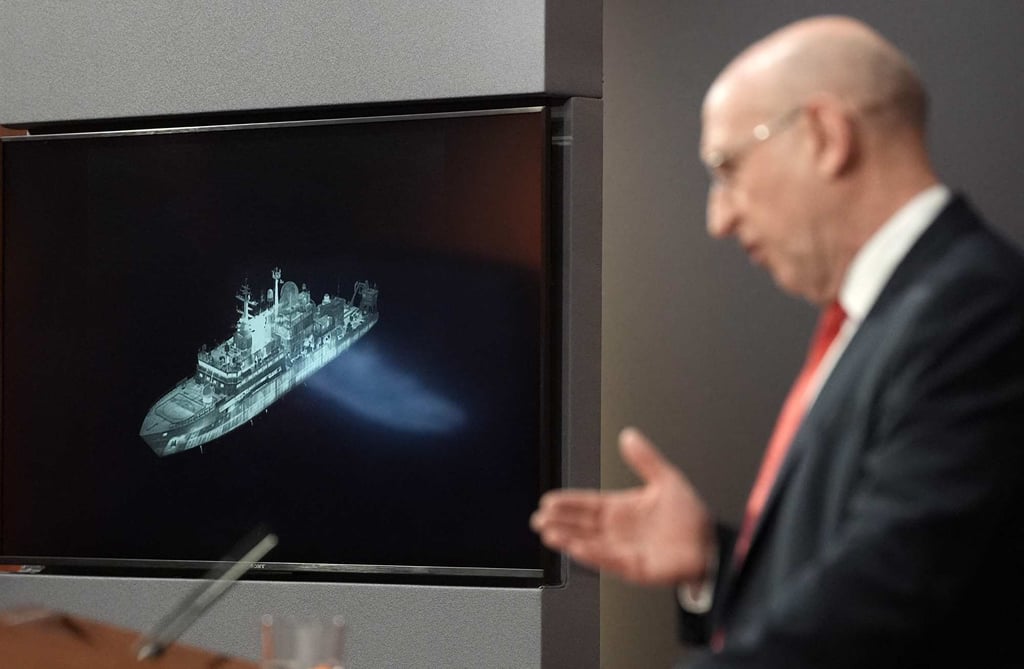 Britain’s Defence Secretary John Healey stands in front of by a screen displaying an image of Russian military ship Yantar. Photo: AFP Britain’s Defence Secretary John Healey stands in front of by a screen displaying an image of Russian military ship Yantar. Photo: AFP