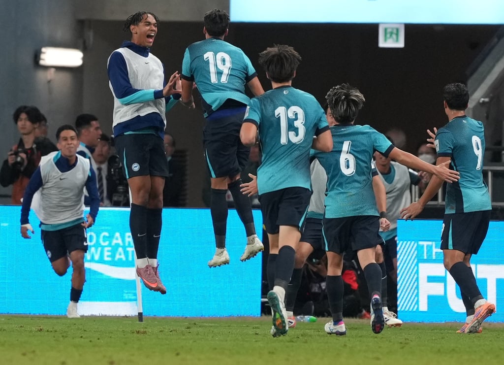 Ilhan Fandi (centre) celebrates scoring his side’s second against Hong Kong. Photo: Sam Tsang Ilhan Fandi (centre) celebrates scoring his side’s second against Hong Kong. Photo: Sam Tsang
