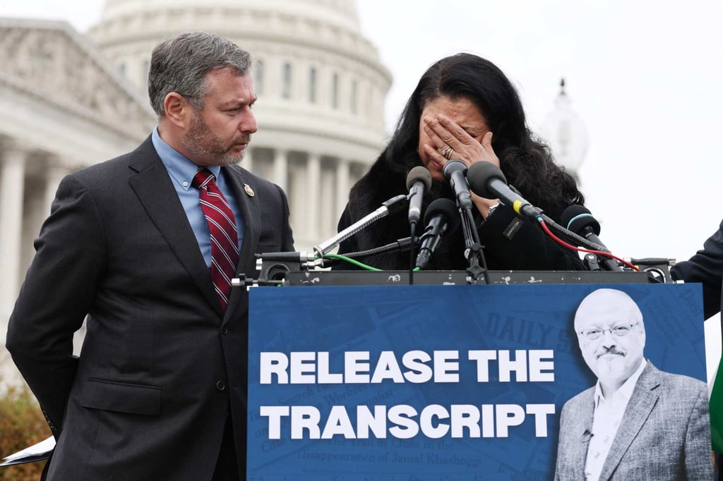 Hanan Elatr Khashoggi becomes emotional as she speaks alongside US congressman Eugene Vindman at the Capitol on Friday. Photo: AFP