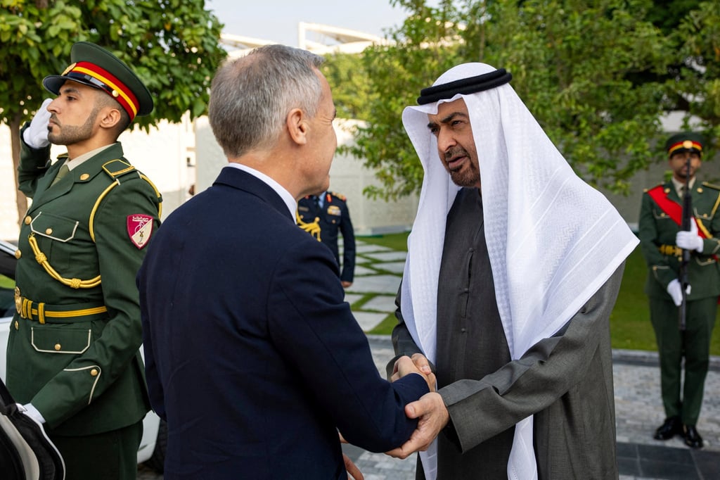 Sheikh Mohamed bin Zayed Al Nahyan, President of the United Arab Emirates, receives Canadian Prime Minister Mark Carney before a meeting at Al Shati Palace in Abu Dhabi, in Abu Dhabi Emirate, UAE on Thursday. Photo: Reuters