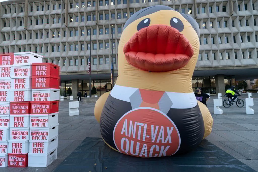 An inflatable duck is seen outside the US Department of Health and Human Services during a Fire RFK rally in Washington on November 5. Photo: AP