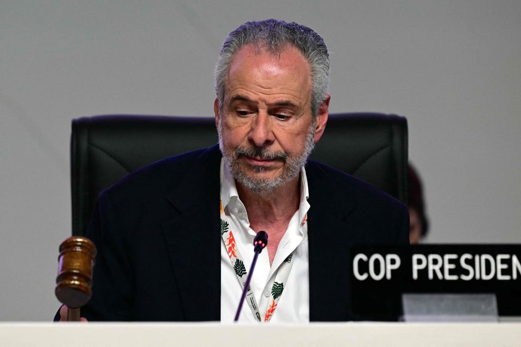 Cop30 president Andre Correa do Lago strikes the gavel during the plenary session at the UN climate summit in Belem, Para state, Brazil, on Saturday. Photo: AFP