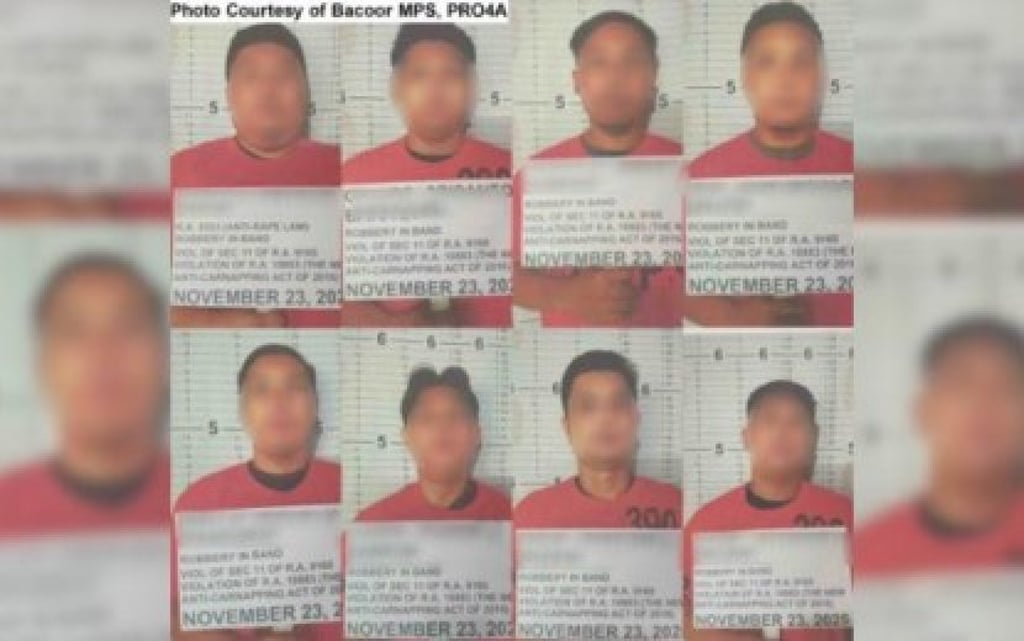 Mugshots of eight police officers arrested for their alleged involvement in the rape and robbery of an 18-year-old student on Saturday. Photo: Philippine National Police