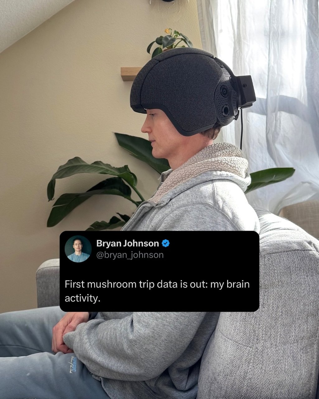 In an Instagram post, Bryan Johnson wears a brain activity monitor to record the effects of ingesting psilocybin. Photo: Instagram.com/bryanjohnson_