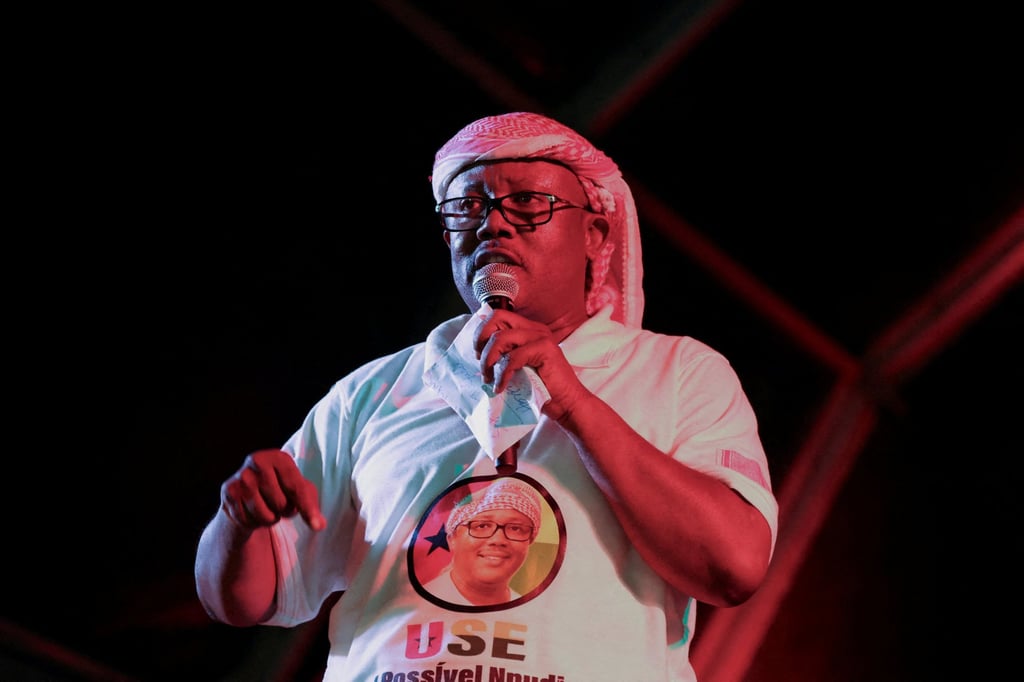 Guinea-Bissau President Umaro Sissoco Embalo speaks during his final campaign rally in Bissau on Friday. Photo: Reuters