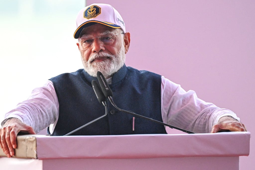 India’s Prime Minister Narendra Modi speaks during a commissioning ceremony for three warships in Mumbai earlier this year. Photo: AFP
