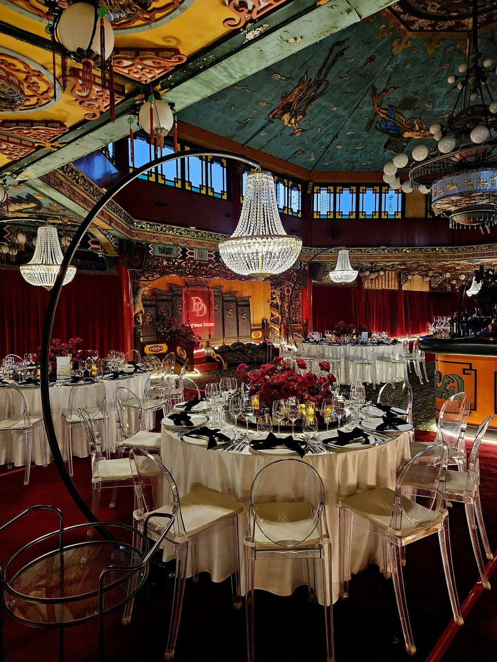 Portable chandeliers and LED lights lit tables at the Dangerous Dinner. Photo: Bill Brewer, Michelle Raquel and Michael Perini