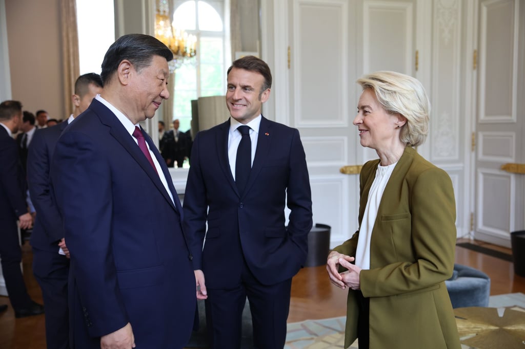China’s President Xi Jinping, French President Emmanuel Macron and European Commission President Ursula von der Leyen arrive for a meeting at the Elysee Palace in May 2024. Photo: Christophe Licoppe/European Commission via dpa China’s President Xi Jinping, French President Emmanuel Macron and European Commission President Ursula von der Leyen arrive for a meeting at the Elysee Palace in May 2024. Photo: Christophe Licoppe/European Commission via dpa