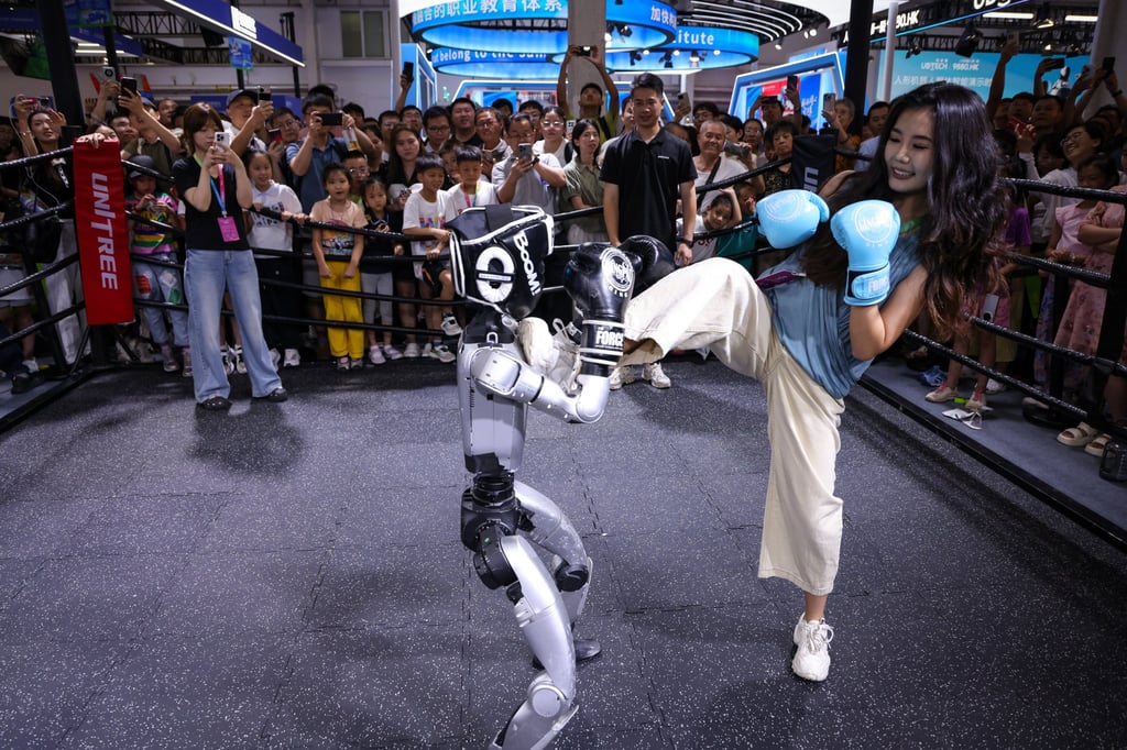 A robot of Unitree Robotics gives a combat performance at the World Robot Conference in Beijing on August 8, 2025. Photo: Xinhua