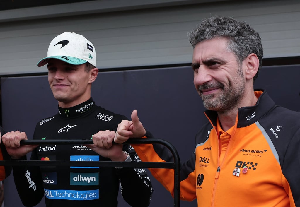 Lando Norris (left) with McLaren team principal Andrea Stella after winning the Brazilian GP. Photo: AP Lando Norris (left) with McLaren team principal Andrea Stella after winning the Brazilian GP. Photo: AP