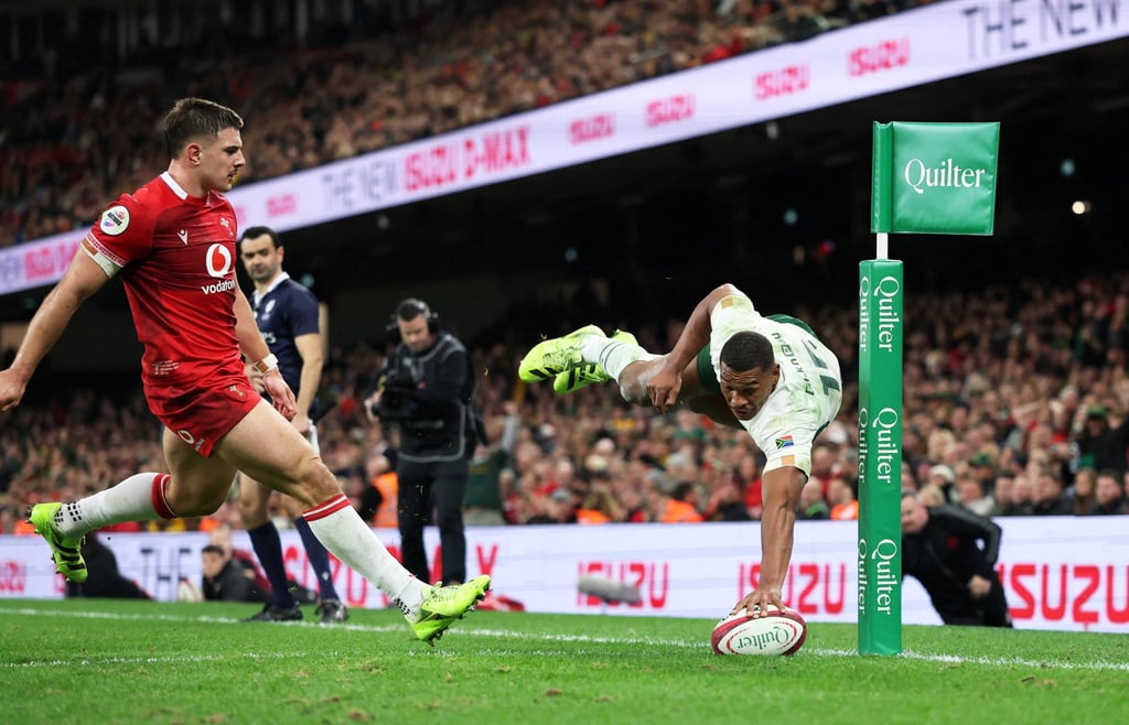 South Africa’s Damian Willemse scores a try that was later disallowed after a review during his side’s 73-0 hammering of Wales at the weekend. Photo: Reuters South Africa’s Damian Willemse scores a try that was later disallowed after a review during his side’s 73-0 hammering of Wales at the weekend. Photo: Reuters