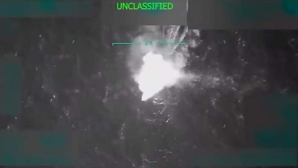 An image from a US military video shows a precision strike destroying a vessel in international waters on September 2, 2025. Photo: US Department of Defence via TNS