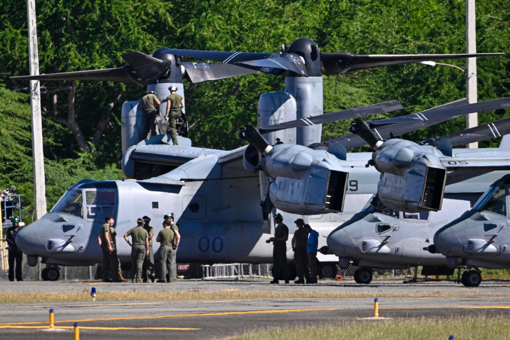 US Marine Corps members work with MV-22 Osprey aircraft in Ponce, Puerto Rico, on Tuesday. Photo: AFP US Marine Corps members work with MV-22 Osprey aircraft in Ponce, Puerto Rico, on Tuesday. Photo: AFP
