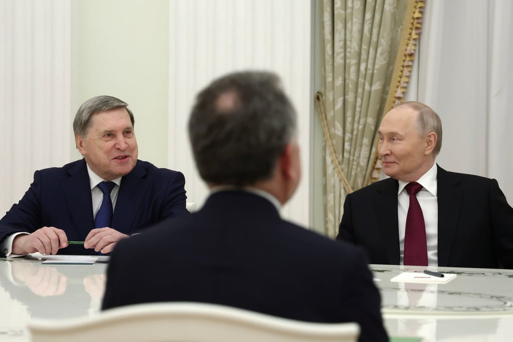Russian President Vladimir Putin (right) and foreign policy adviser Yuri Ushakov attend talks with US special envoy Steve Witkoff (back to a camera) in Moscow on Tuesday. Photo: Sputnik via AP