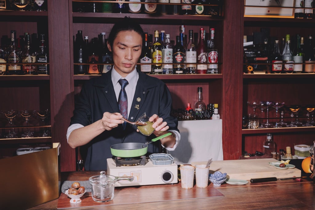 Rayven Leung preparing his Bancha & Chestnut Alexander at Madara cocktail bar. Photo: Jocelyn Tam