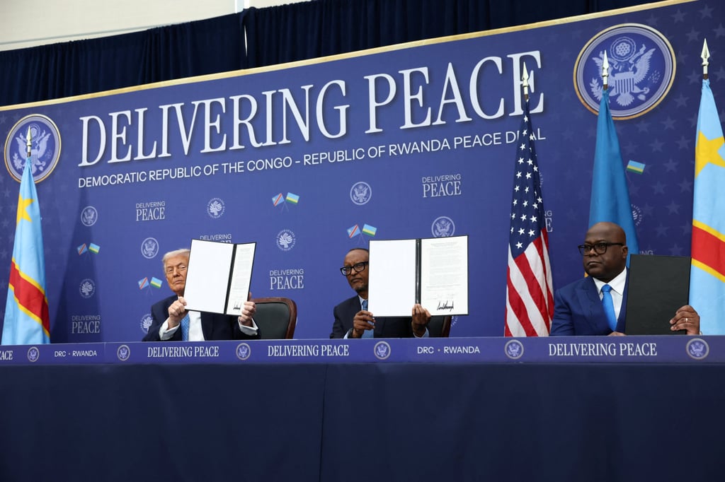 US President Donald Trump, Rwanda President Paul Kagame and DR Congo President Felix Tshisekedi at the signing ceremony. Photo: Reuters