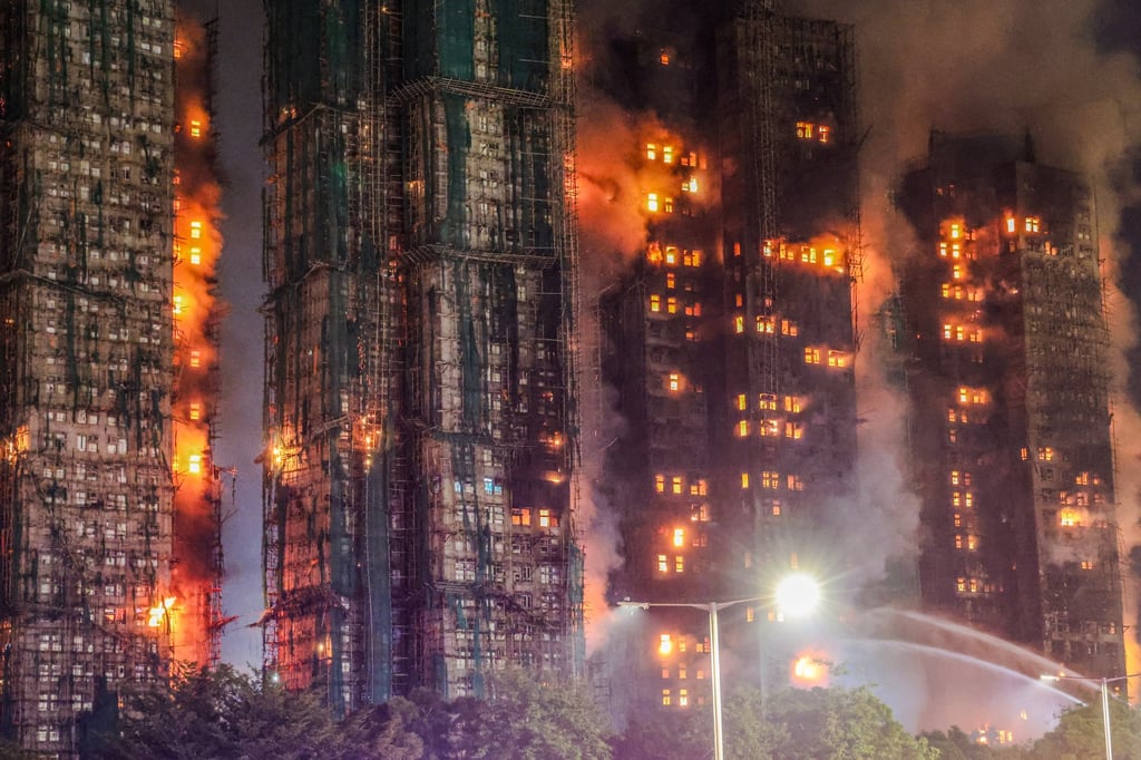 Fire rages through the residential blocks of Wang Fuk Court in Tai Po. Photo: Dickson Lee